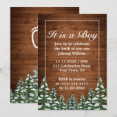 雪の木々が生い茂る森林の赤ちゃん男の子の誕生のお祝い 招待状 (正面/裏面)