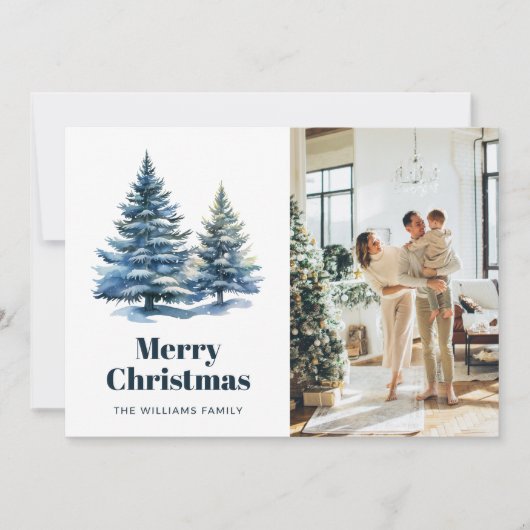 雪の木々とポインセチアの写真クリスマスカード シーズンカード (正面)