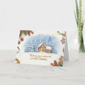 雪の木々に囲まれた居心地の良い冬の小屋のクリスマス シーン シーズンカード (正面)