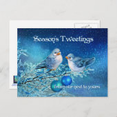 雪の木でツィートするクリスマスのブルーバード シーズンポストカード (正面/裏面)