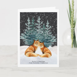 雪の木とキツネのカップル クリスマス 水彩画 カード