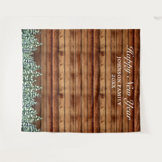 雪の木と森の松の新年の写真背景 タペストリー (正面(横))