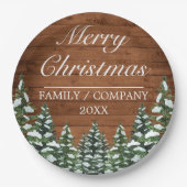 雪の木と森の田舎の松メリークリスマス ペーパープレート (正面)