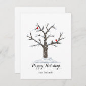 雪の木と赤い鳥の冬のクリスマスハッピー シーズンカード (正面/裏面)