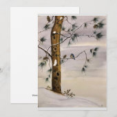 雪の木と鳥のオリジナルアートを飾ったブランクカード 招待状 (正面/裏面)