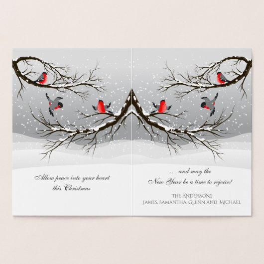 雪の木に咲く喜びと平和の赤いクリスマスバード 箔カード (内部)