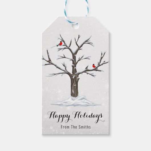 雪の木に赤い(鳥)ショウジョウコウカンチョウの鳥のイラスト ギフトタグ (正面)
