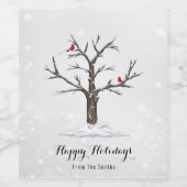 雪の木に赤い（鳥）ショウジョウコウカンチョウの鳥のイラスト ワインラベル (シングルラベル)