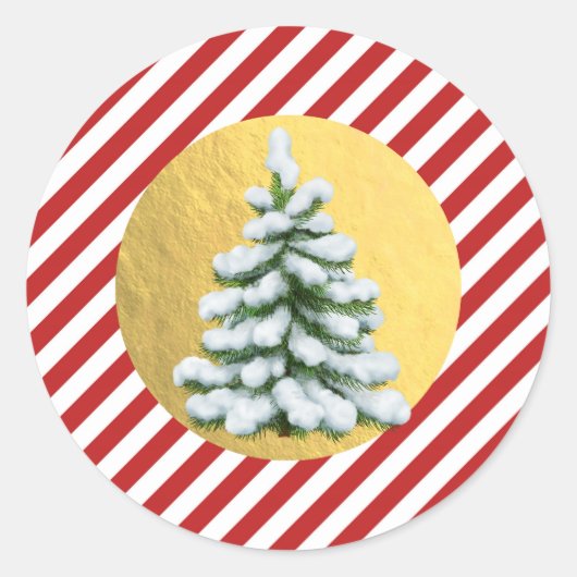 雪の木のクリスマス 赤いストライプ ゴールド箔 ラウンドシール (正面)