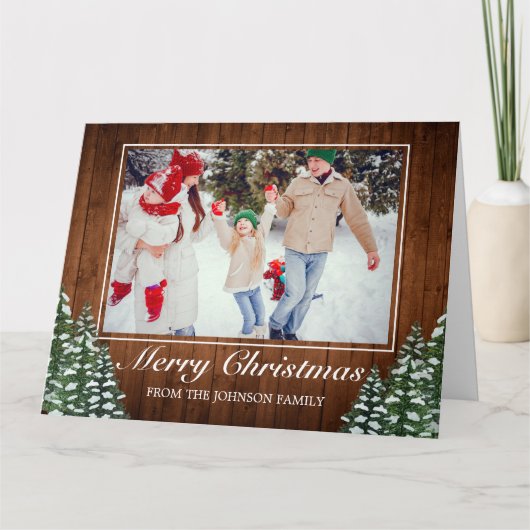 雪の木の森の写真メリークリスマスグリーティング カード (正面)