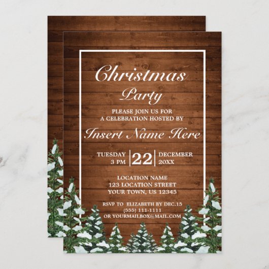 雪の木の森の農村部パインメリークリスマスパーティー 招待状 (正面/裏面)