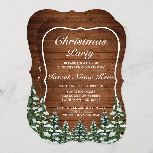 雪の木の森の農村部パインメリークリスマスパーティー 招待状 (正面/裏面)