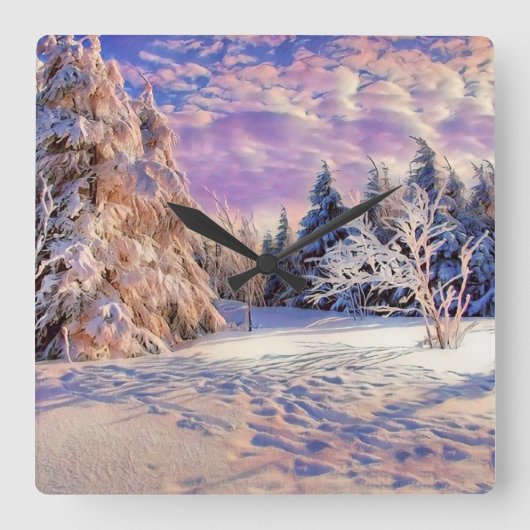 雪の木の水色の冬の風景 スクエア壁時計 (正面)