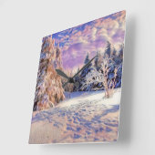 雪の木の水色の冬の風景 スクエア壁時計 (傾斜)