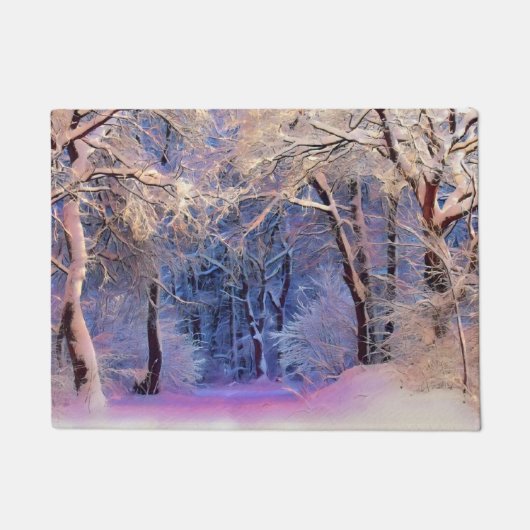 雪の木の水色の冬の風景 ドアマット (正面)