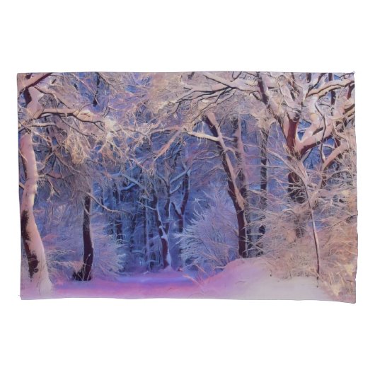 雪の木の水色の冬の風景 枕カバー (正面)