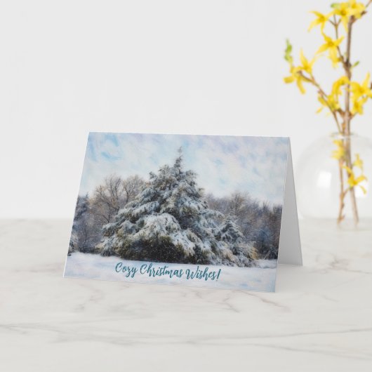 雪の木の牧草地クリスマス居心地の良いクリスマスカード カード (黄色い花)