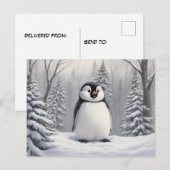 雪の木の背景にペンギン ポストカード (正面/裏面)
