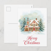 雪の村のクリスマス水彩画 シーズンポストカード (正面/裏面)