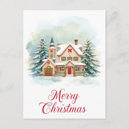 雪の村のクリスマス水彩画 シーズンポストカード (正面)