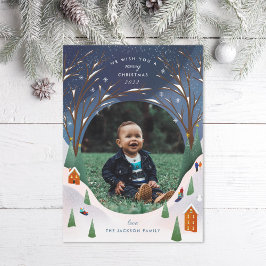 雪の村の冬のシーンクリスマスフォト シーズンカード