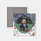 雪の村の冬のシーンクリスマスフォト マグネット (正面/裏面)