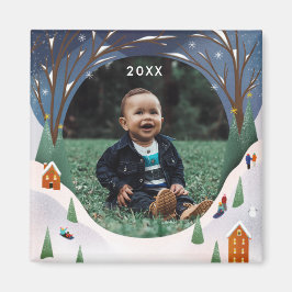 雪の村の冬のシーンクリスマスフォト マグネット