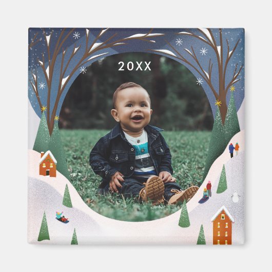 雪の村の冬のシーンクリスマスフォト マグネット (正面)