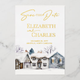 雪の村の町のお洒落結婚式の日付を保存 箔招待状