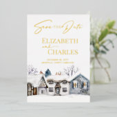 雪の村の町のお洒落結婚式の日付を保存 箔招待状 (立ち正面)