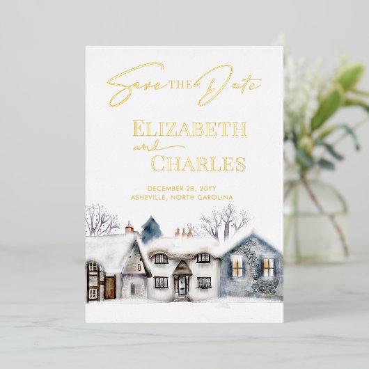 雪の村の町のお洒落結婚式の日付を保存 箔招待状 (立ち正面)