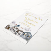 雪の村の町のお洒落結婚式の日付を保存 箔招待状 (回転した状態)