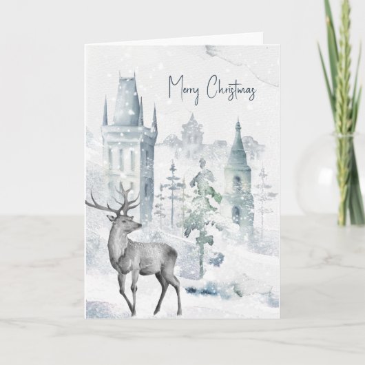 雪の村の鹿 水彩画 メリークリスマス シーズンカード (正面)