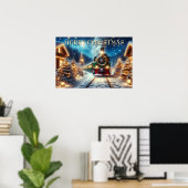 雪の村を走るグリーンクリスマストレイン ポスター (ホームオフィス)