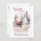 雪の松とピンクのサンセットヴィンテージクリスマス シーズンポストカード (正面/裏面)