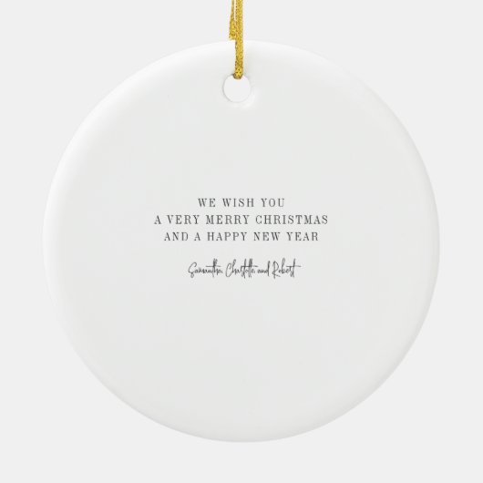 雪の松と家族の写真クリスマスホリデー セラミックオーナメント (裏面)