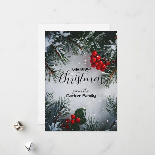 雪の松と赤いホリーデザインの写真なしクリスマスカード シーズンカード (正面/裏面インサイチュ)