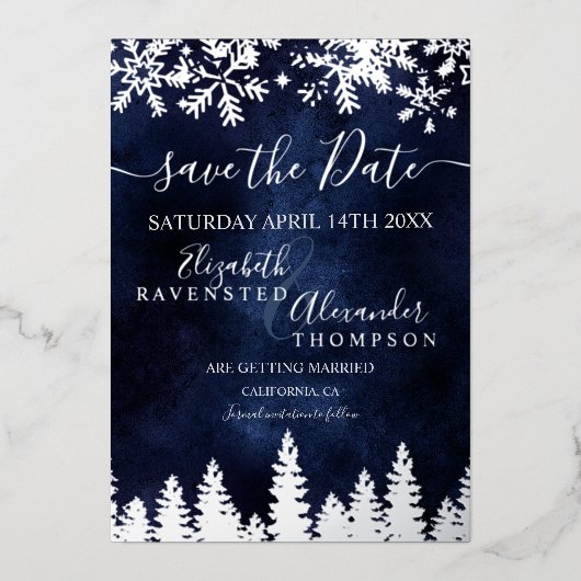雪の松のネイビーブルークリスマス保存日付 箔招待状 (正面)