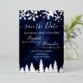 雪の松のネイビーブルークリスマス保存日付 箔招待状 (立ち正面)