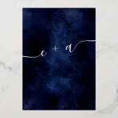 雪の松のネイビーブルークリスマス保存日付 箔招待状 (裏面)