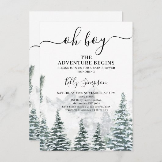 雪の松の冒険が荒野を始める赤ちゃんシャワー 招待状 (正面/裏面)