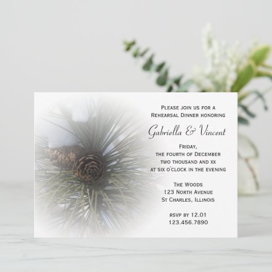 雪の松の冬の結婚式のリハーサルディナー 招待状 (スタンド正面)