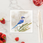 雪の松の木の中の青いカケス スタンダードカクテルナプキン (インサイチュ)