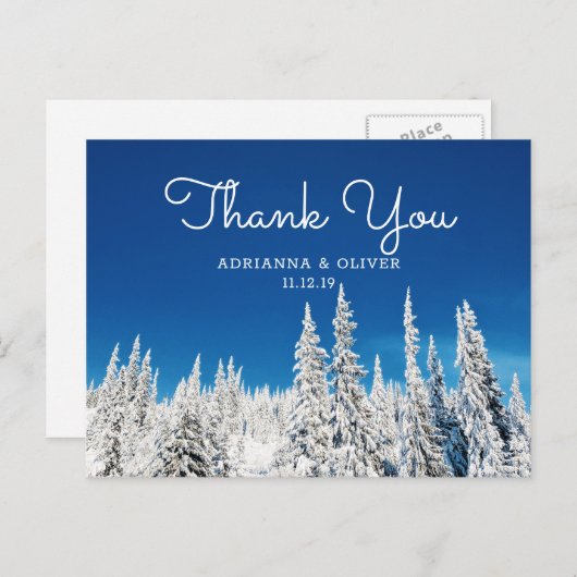雪の松の木の冬の結婚式ありがとう ポストカード (正面/裏面)