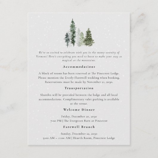 雪の松の木の冬の結婚式の詳細 エンクロージャーカード (正面)
