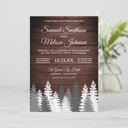 雪の松の木の木素朴の結婚式の招待 招待状 (スタンド正面)