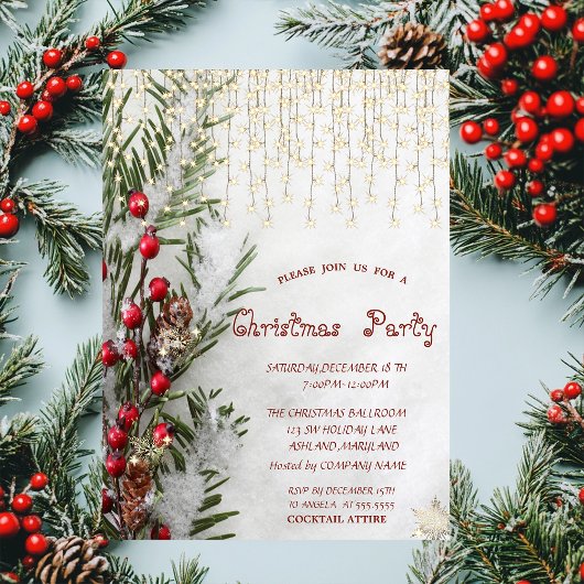 雪の松の木の枝のライトの会社のクリスマス 招待状