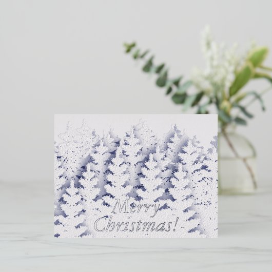 雪の松の木の森ホワイトクリスマス 箔シーズンポストカード (立ち正面)