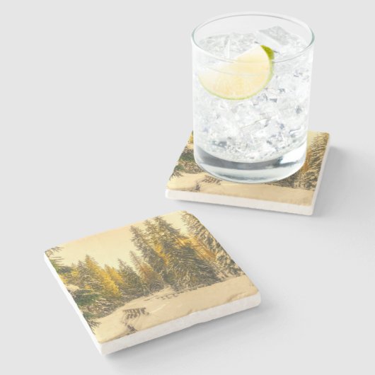 雪の松の木の森自然写真 ストーンコースター (横)