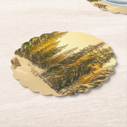 雪の松の木の森自然写真 ペーパーコースター (アングル)